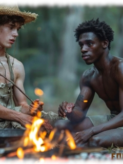 Zwei Twinks am Lagerfeuer sitzend in Gedanken versunken. Zwei Twinks am Lagerfeuer sitzend in Gedanken versunken.