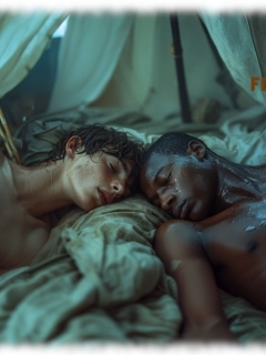 Zwei Twinks schlafend im Zelt, Kopf an Kopf, nasse Haut, Zwei Twinks schlafend im Zelt, Kopf an Kopf, nasse Haut,