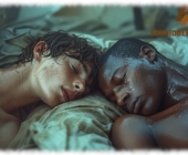 Zwei Twinks schlafend im Zelt, Kopf an Kopf in Nahaufnahme, nasse Haut, Zwei Twinks schlafend im Zelt, Kopf an Kopf in Nahaufnahme, nasse Haut,