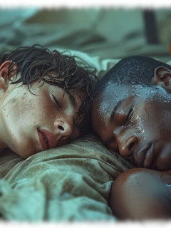 Zwei Twinks schlafend im Zelt, Kopf an Kopf in Nahaufnahme, nasse Haut, Zwei Twinks schlafend im Zelt, Kopf an Kopf in Nahaufnahme, nasse Haut,