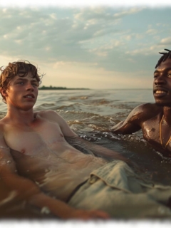 Zwei Twinks liegen im Fluss, weißer Twink mit sichtbarer Verdickung im Material. Zwei Twinks liegen im Fluss, weißer Twink mit sichtbarer Verdickung im Material.