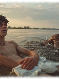 Zwei Twinks im Fluss liegend, ihre Hände ruhen auf den eigenen verspielten Reliefs. Zwei Twinks im Fluss liegend, ihre Hände ruhen auf den eigenen verspielten Reliefs.