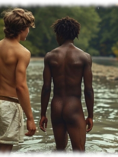 Zwei Twinks rücklings im Fluss stehend, dunkelhäutiger Twink nackt. Zwei Twinks rücklings im Fluss stehend, dunkelhäutiger Twink nackt.