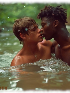 Zwei Twinks im Fluss badend und sich küssend. Zwei Twinks im Fluss badend und sich küssend.