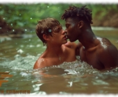 Zwei Twinks im Fluss badend und sich küssend. Zwei Twinks im Fluss badend und sich küssend.