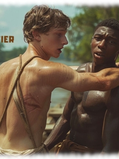 Zwei Twinks im Boot sitzend, einander zugewandt, Hände um die Schulter des einen. Zwei Twinks im Boot sitzend, einander zugewandt, Hände um die Schulter des einen.