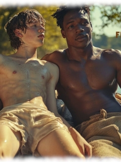 Zwei Twinks im Boot sitzend, freie Oberkörper berühren sich leicht, beide mit sanfter Ausprägung. Zwei Twinks im Boot sitzend, freie Oberkörper berühren sich leicht, beide mit sanfter Ausprägung.