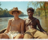 Zwei Twinks im Boot sitzend, freie Oberkörper, beide mit dezenten Linien im Stoffverlauf. Zwei Twinks im Boot sitzend, freie Oberkörper, beide mit dezenten Linien im Stoffverlauf.