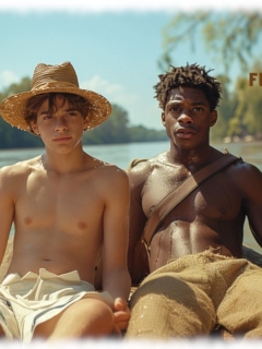 Zwei Twinks im Boot sitzend, freie Oberkörper, beide mit dezenten Linien im Stoffverlauf. Zwei Twinks im Boot sitzend, freie Oberkörper, beide mit dezenten Linien im Stoffverlauf.