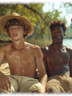 Zwei Twinks im Boot sitzend, freie Oberkörper, fahren den Fluss entlang. Zwei Twinks im Boot sitzend, freie Oberkörper, fahren den Fluss entlang.