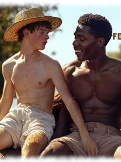 Zwei Twinks sitzen im Boot, Hand des einen ruht auf der verheißenden Wölbung des anderen. Zwei Twinks sitzen im Boot, Hand des einen ruht auf der verheißenden Wölbung des anderen.