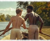 Zwei Twinks im Boot stehend und rudernd, Blicke zugewandt, freie Oberkörper. Zwei Twinks im Boot stehend und rudernd, Blicke zugewandt, freie Oberkörper.