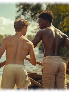 Zwei Twinks im Boot stehend und rudernd, Blicke zugewandt, freie Oberkörper. Zwei Twinks im Boot stehend und rudernd, Blicke zugewandt, freie Oberkörper.