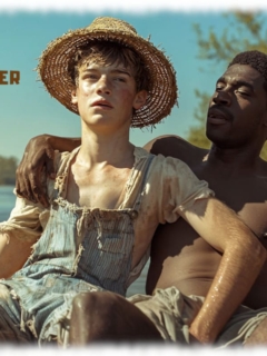 Zwei Twinks sitzen im Boot, Hand des einen greift an die geformte Stelle im Gewebe des anderen. Zwei Twinks sitzen im Boot, Hand des einen greift an die geformte Stelle im Gewebe des anderen.