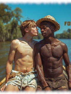 Zwei Twinks auf Boot sitzend, einander zugewandt, kurz vor einem Kuss. Zwei Twinks auf Boot sitzend, einander zugewandt, kurz vor einem Kuss.