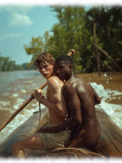 Zwei Twinks auf Boot rudernd, nackter Twink greift nach der Ungeduld im Schritt des anderen. Zwei Twinks auf Boot rudernd, nackter Twink greift nach der Ungeduld im Schritt des anderen.