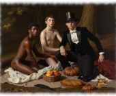 Drei junge Männer im Wald beim Lunch, zwei nackt, sich sanft berührend. Drei junge Männer im Wald beim Lunch, zwei nackt, sich sanft berührend.