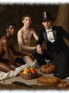 Drei junge Männer im Wald beim Lunch, zwei nackt, sich sanft berührend. Drei junge Männer im Wald beim Lunch, zwei nackt, sich sanft berührend.