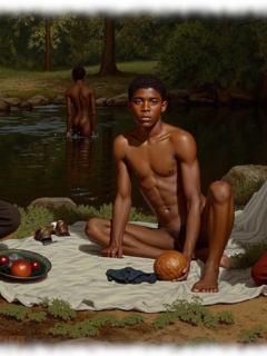 Drei junge Männer im Wald auf einer Decke, nackter dunkelhäutiger Mann in der Mitte, Drei junge Männer im Wald auf einer Decke, nackter dunkelhäutiger Mann in der Mitte,