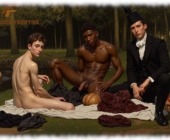 Drei Männer auf Decke im Wald, dunkelhäutiger Mann in der Mitte, nackt, zeigt seine Rosenranke der Leidenschaft. Drei Männer auf Decke im Wald, dunkelhäutiger Mann in der Mitte, nackt, zeigt seine Rosenranke der Leidenschaft.