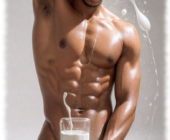 Junger Mann mit durchtrainiertem Körper, nacktes Juwel der Liebe wird durch Milchglas verdeckt. Junger Mann mit durchtrainiertem Körper, nacktes Juwel der Liebe wird durch Milchglas verdeckt.