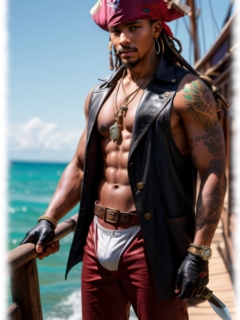 Pirat an Deck, muskulöser Körper und betonte Beule in der Hose. Pirat an Deck, muskulöser Körper und betonte Beule in der Hose.