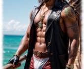 Pirat an Deck, muskulöser Körper und betonte Beule in der Hose. Pirat an Deck, muskulöser Körper und betonte Beule in der Hose.