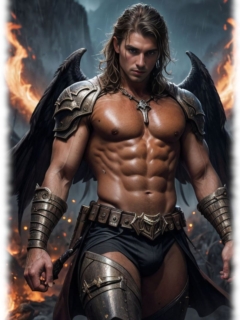 Dämon in Flammenlicht, das jede Kontur betont. Dämon in Flammenlicht, das jede Kontur betont.