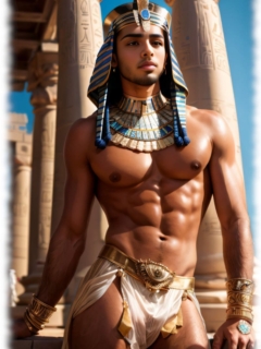 Ägyptischer Prinz, sinnlicher Blick, präsentiert sich halbnackt im Tempelbereich. Ägyptischer Prinz, sinnlicher Blick, präsentiert sich halbnackt im Tempelbereich.