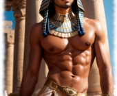 Ägyptischer Prinz, sinnlicher Blick, präsentiert sich halbnackt im Tempelbereich. Ägyptischer Prinz, sinnlicher Blick, präsentiert sich halbnackt im Tempelbereich.