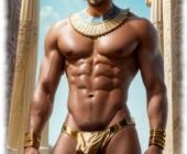 Antiker muskulöser Mann präsentiert sich halbnackt im Tempelbereich. Antiker muskulöser Mann präsentiert sich halbnackt im Tempelbereich.