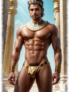 Antiker muskulöser Mann präsentiert sich halbnackt im Tempelbereich. Antiker muskulöser Mann präsentiert sich halbnackt im Tempelbereich.