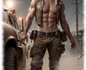 Muskulöser Söldner mit nacktem Oberkörper, starke Präsenz und intensiven Augen. Muskulöser Söldner mit nacktem Oberkörper, starke Präsenz und intensiven Augen.