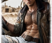 Muskulöser Mann in Lederjacke mit starker Präsenz und intensiven Augen. Muskulöser Mann in Lederjacke mit starker Präsenz und intensiven Augen.