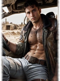 Muskulöser Mann in Lederjacke mit starker Präsenz und intensiven Augen. Muskulöser Mann in Lederjacke mit starker Präsenz und intensiven Augen.