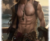 Typ Pirat an Deck mit nacktem Oberkörper, selbstbewusster Blick. Typ Pirat an Deck mit nacktem Oberkörper, selbstbewusster Blick.