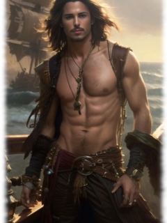 Typ Pirat an Deck mit nacktem Oberkörper, selbstbewusster Blick. Typ Pirat an Deck mit nacktem Oberkörper, selbstbewusster Blick.