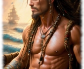 Typ Pirat mit nacktem Oberkörper, an Bord aufs Meer blickend. Typ Pirat mit nacktem Oberkörper, an Bord aufs Meer blickend.