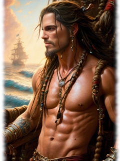 Typ Pirat mit nacktem Oberkörper, an Bord aufs Meer blickend. Typ Pirat mit nacktem Oberkörper, an Bord aufs Meer blickend.