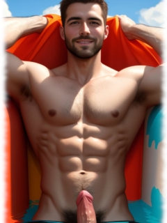 Körper frontal, aufgerichteter Kelch der Lust bahnt sich Weg durch halb herunter gelassener Badehose. Körper frontal, aufgerichteter Kelch der Lust bahnt sich Weg durch halb herunter gelassener Badehose.