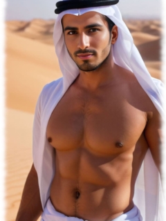 Araber mit nacktem Oberkörper, sinnlicher Blick, in der Wüste. Araber mit nacktem Oberkörper, sinnlicher Blick, in der Wüste.