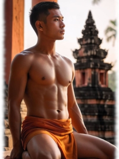 Buddhistischer Novize vor Pagode meditierend. Buddhistischer Novize vor Pagode meditierend.