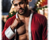 Maskuliner Mann im Weihnachtsmann-Kostüm mit erregendem, intensiven Blick. Maskuliner Mann im Weihnachtsmann-Kostüm mit erregendem, intensiven Blick.