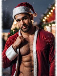 Maskuliner Mann im Weihnachtsmann-Kostüm mit erregendem, intensiven Blick. Maskuliner Mann im Weihnachtsmann-Kostüm mit erregendem, intensiven Blick.