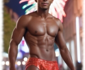 Halbnackter Mann vor Feuerwerk, muskulös in sinnlicher Pose. Halbnackter Mann vor Feuerwerk, muskulös in sinnlicher Pose.