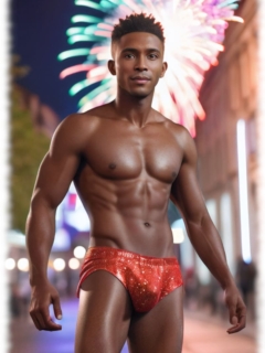 Halbnackter Mann vor Feuerwerk, muskulös in sinnlicher Pose. Halbnackter Mann vor Feuerwerk, muskulös in sinnlicher Pose.