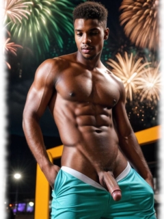 Halbnackter Mann vor Feuerwerk stehend, öffnet Hose, harter Schöpferstab teilweise sichtbar. Halbnackter Mann vor Feuerwerk stehend, öffnet Hose, harter Schöpferstab teilweise sichtbar.