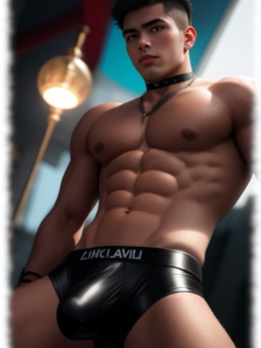 Attraktiver Twink mit kräftigem Oberkörper und gut ausgebeulten Lederslip, in sinnlicher Pose. Attraktiver Twink mit kräftigem Oberkörper und gut ausgebeulten Lederslip, in sinnlicher Pose.