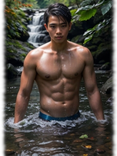 Zarter Twink, der in einer entspannten, aber erotischen Haltung im Bach vor der Kamera steht. Zarter Twink, der in einer entspannten, aber erotischen Haltung im Bach vor der Kamera steht.