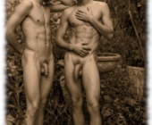 Von Gloeden Sepia, zwei Knaben stehend zeigen ihren Herold der Sehnsucht. Von Gloeden Sepia, zwei Knaben stehend zeigen ihren Herold der Sehnsucht.